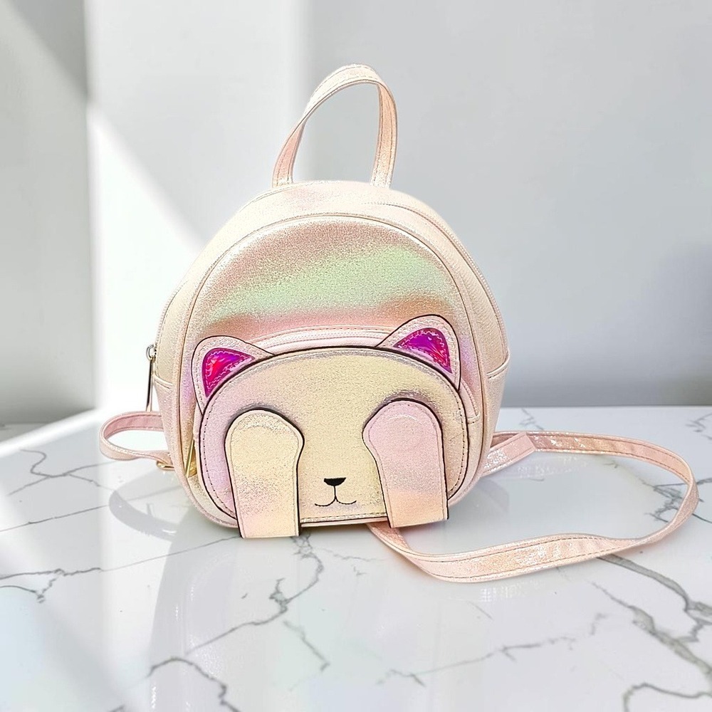 HTF‎ Meli Melo Paris Peek-a-Boo Cat Mini Backpack Iridescent Pink Holo Bag Rare
